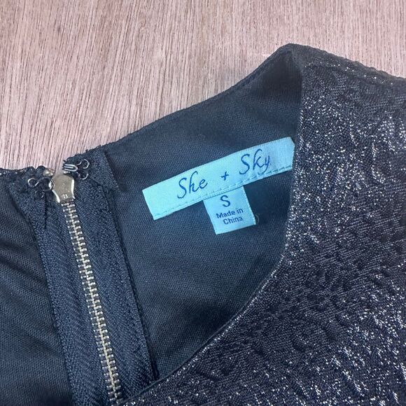 She + Sky Black Metallic Textured Mini Dress Women’s Small Party Cocktail - Picture 3 of 5